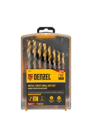 Набор сверл по металлу, 1-10 мм, Р6М5-TiN, Golden Tip, 19 шт Denzel