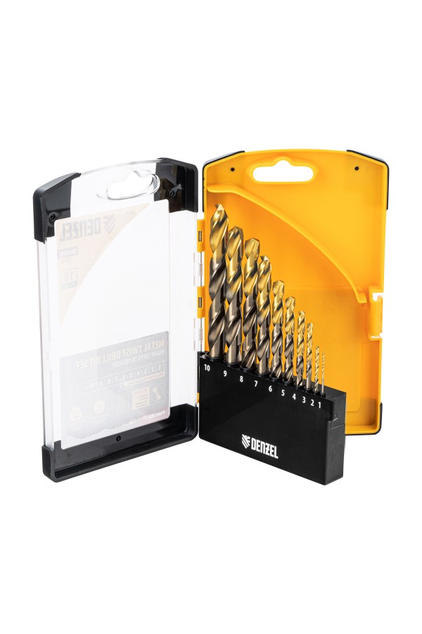 Набор сверл по металлу, 1-10 мм, Р6М5К8-TiN, Golden Tip, 10 шт Denzel