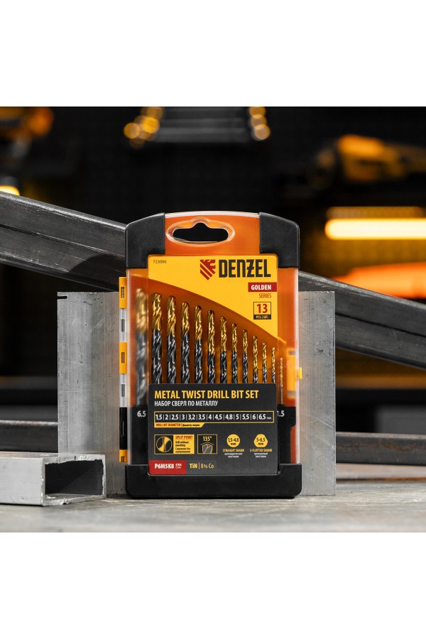Набор сверл по металлу, 1,5-6,5мм, Р6М5К8-TiN, Golden Tip, 13 шт Denzel