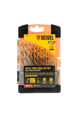 Набор сверл по металлу, 1,5-6,5мм, Р6М5К8-TiN, Golden Tip, 13 шт Denzel