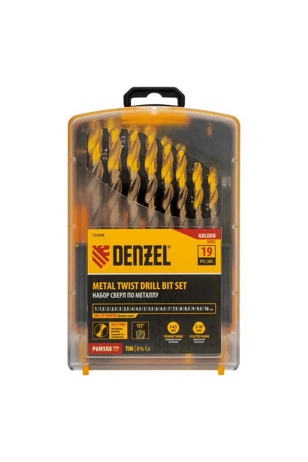 Набор сверл по металлу, 1-10 мм, Р6М5К8-TiN, Golden Tip, 19 шт Denzel