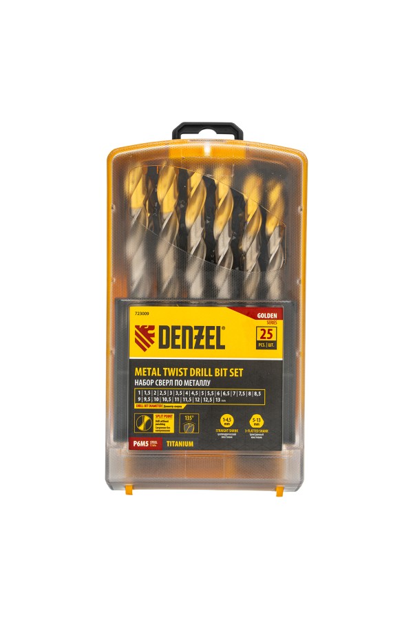 Набор сверл по металлу, 1-13 мм, Р6М5-TiN, Golden Tip, 25 шт Denzel