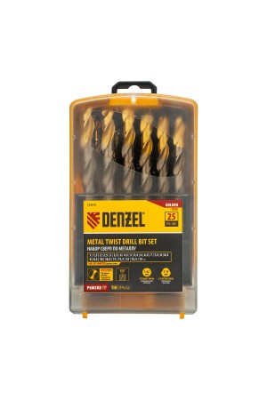 Набор сверл по металлу, 1-13 мм, Р6М5К8-TiN, Golden Tip, 25 шт Denzel