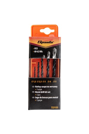 Набор сверл по металлу, 1.5-2.5-3-4-5 мм, HSS, 5 шт, пластиковый бокс, цилиндрический хвостовик Sparta