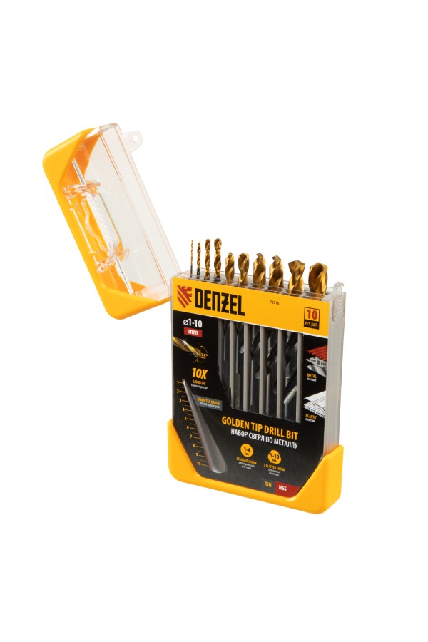Набор сверл по металлу, 1-10 мм, HSS-Tin, Golden Tip, 10 шт Denzel