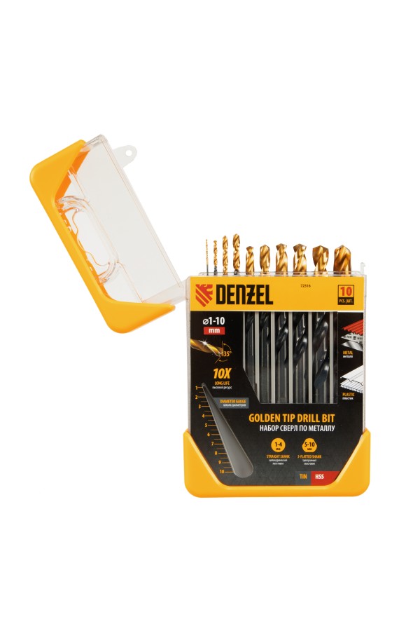 Набор сверл по металлу, 1-10 мм, HSS-Tin, Golden Tip, 10 шт Denzel