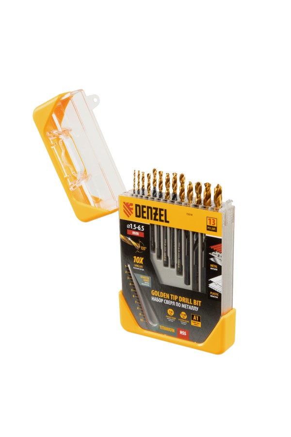 Набор сверл по металлу, 1,5-6,5 мм, HSS-Tin, Golden Tip, 13 шт Denzel
