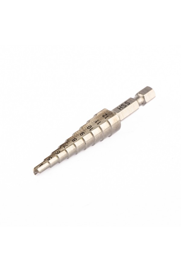 Сверло ступенчатое по металлу 4-5-6-7-8-9-10-11-12 мм, Р6М5, шестигранный хвостовик Барс
