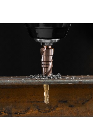 Сверло ступенчатое 4-5-6-7-8-9-10-11-12 мм, Р6М5К5, 6-гр. хвостовик Denzel