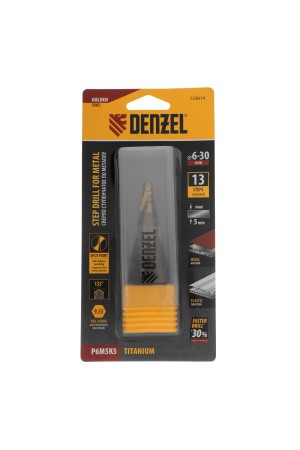 Сверло ступенчатое, 6-8-10-12-14-16-18-20-22-24-26-28-30мм, Р6М5К5, 6-гр. хвостовик Denzel