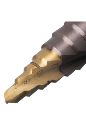 Сверло ступенчатое, 6-8-10-12-14-16-18-20-22-24-26-28-30мм, Р6М5К5, 6-гр. хвостовик Denzel
