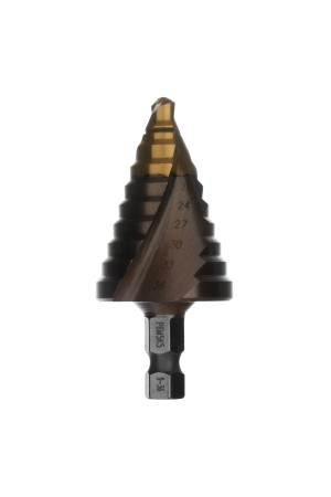 Сверло ступенчатое, 9-12-15-18-21-24-27-30-33-36 мм, Р6М5К5, 6-гр. хвостовик Denzel