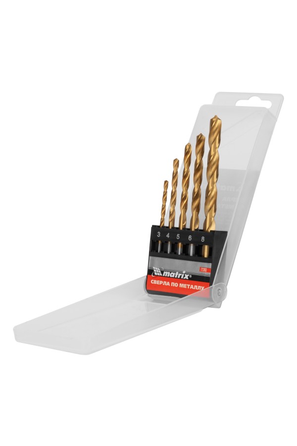 Набор нитридтитановых сверл по металлу, 3-4-5-6-8 мм, HSS, 5 шт, пластиковая коробка, цилиндрический хвостовик Matrix