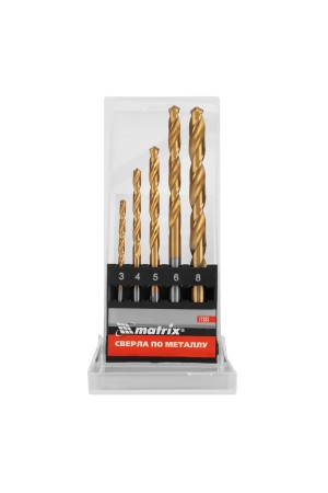 Набор нитридтитановых сверл по металлу, 3-4-5-6-8 мм, HSS, 5 шт, пластиковая коробка, цилиндрический хвостовик Matrix