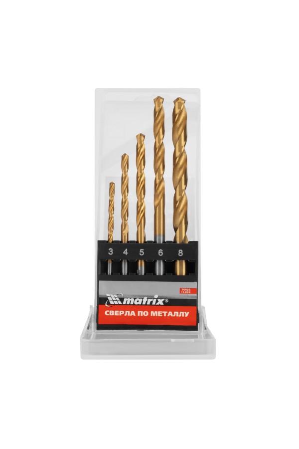 Набор нитридтитановых сверл по металлу, 3-4-5-6-8 мм, HSS, 5 шт, пластиковая коробка, цилиндрический хвостовик Matrix
