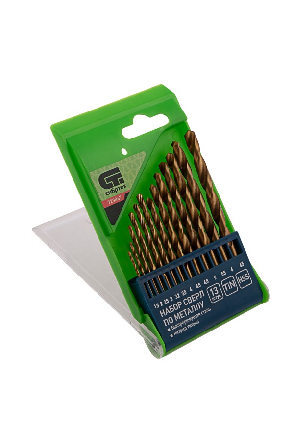 Набор нитридтитановых сверл по металлу, 1.5-6.5 мм. (через 0.5 мм.+3.2 мм, 4.8 мм.) НSS 13 шт Сибртех
