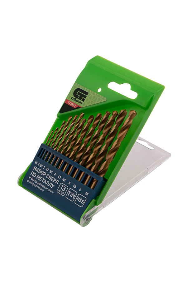 Набор нитридтитановых сверл по металлу, 1.5-6.5 мм. (через 0.5 мм.+3.2 мм, 4.8 мм.) НSS 13 шт Сибртех
