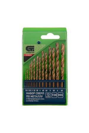 Набор нитридтитановых сверл по металлу, 1.5-6.5 мм. (через 0.5 мм.+3.2 мм, 4.8 мм.), НSS, 13 шт Сибртех