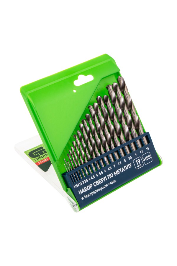 Набор сверл по металлу, 1-10 мм, (через 0.5 мм) HSS 19 шт, пластиковая коробка, цилиндрический хвостовик Сибртех