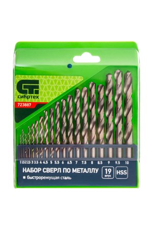 Набор сверл по металлу, 1-10 мм, (через 0.5 мм), HSS, 19 шт, пластиковая коробка, цилиндрический хвостовик Сибртех
