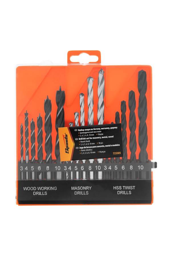 Набор сверл по бетону, металлу, дереву 3-4-5-6-8-10 мм, 18 шт, пластиковый бокс, цилиндрический хвостовик Sparta