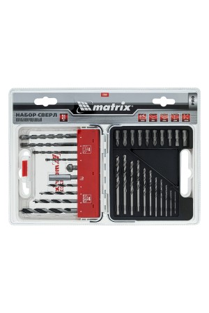 Набор сверл комбинированный, сверла по металлу 1-6 мм, бетону 4-8 мм, дереву 4-8 мм, биты 10 шт, адаптер, зенковка, 31 предмет Pro Matrix