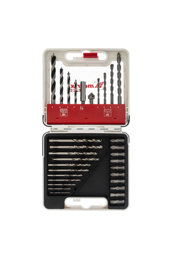 Набор сверл комбинированный, сверла по металлу 1-6 мм, бетону 4-8 мм, дереву 4-8 мм, биты 10 шт, адаптер, зенковка, 31 предмет Pro Matrix