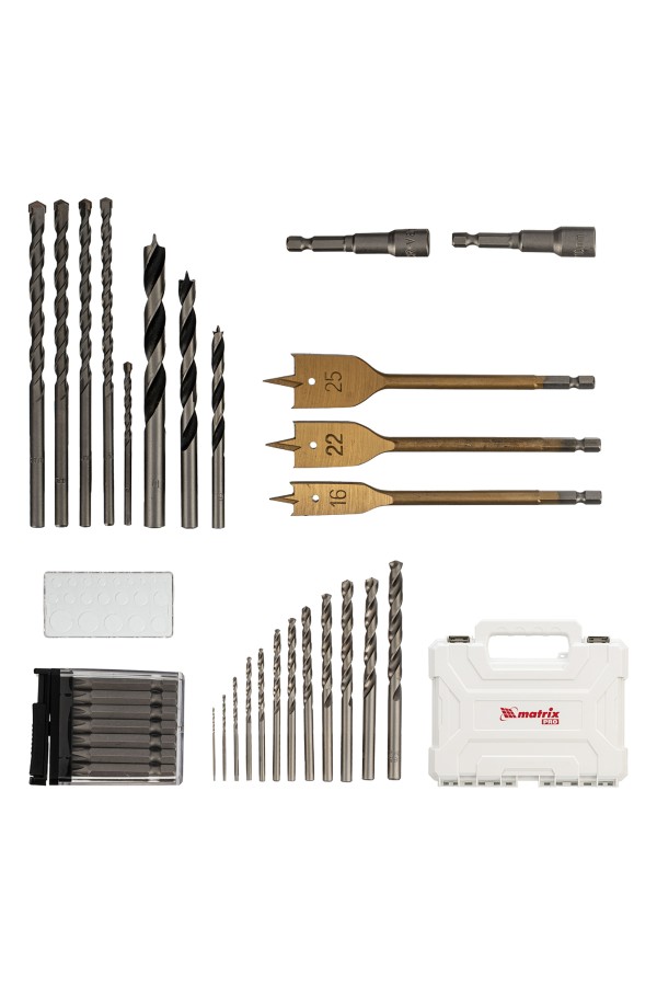 Набор сверл комбинированный, сверла по металлу 1-6.5 мм, бетону 4-8 мм, дереву 4-10 мм, перовые 16,22,25 мм, биты 20 шт, адаптер, головки 2 шт, зенковка, 50 предметов Pro Matrix