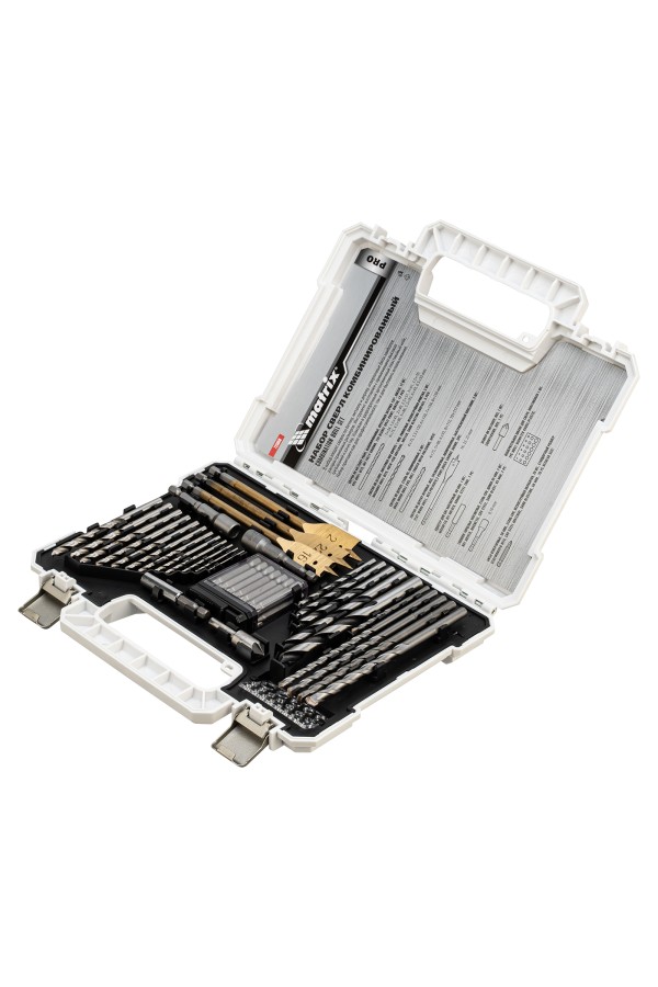 Набор сверл комбинированный, сверла по металлу 1-6.5 мм, бетону 4-8 мм, дереву 4-10 мм, перовые 16,22,25 мм, биты 20 шт, адаптер, головки 2 шт, зенковка, 50 предметов Pro Matrix