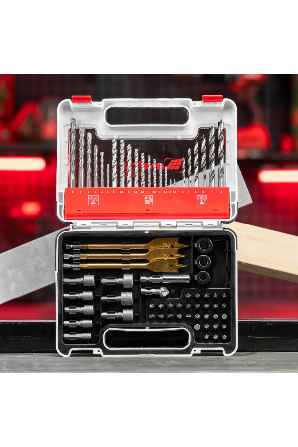 Набор сверл комбинированный, сверла по металлу 1-6 мм, бетону 3-8 мм, дереву 3-8 мм, перовые 16,20,22 мм, биты 30 шт, адаптер, головки 8 шт, 71 предмет Pro Matrix