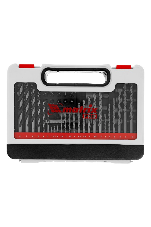 Набор сверл комбинированный, сверла по металлу 1-6 мм, бетону 3-8 мм, дереву 3-8 мм, перовые 16,20,22 мм, биты 30 шт, адаптер, головки 8 шт, 71 предмет Pro Matrix