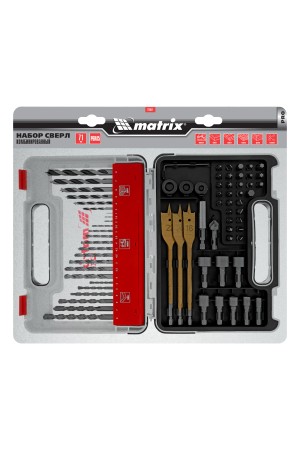 Набор сверл комбинированный, сверла по металлу 1-6 мм, бетону 3-8 мм, дереву 3-8 мм, перовые 16,20,22 мм, биты 30 шт, адаптер, головки 8 шт, 71 предмет Pro Matrix