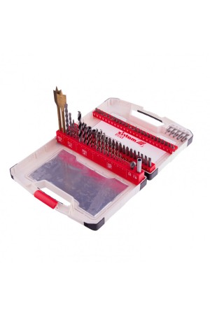 Набор сверл комбинированный, сверла по металлу 1-6 мм, бетону 4-8 мм, дереву 3-8 мм, перовые 16,22 мм, биты 44 шт, адаптер, головки 6 шт, 75 предметов Pro Matrix