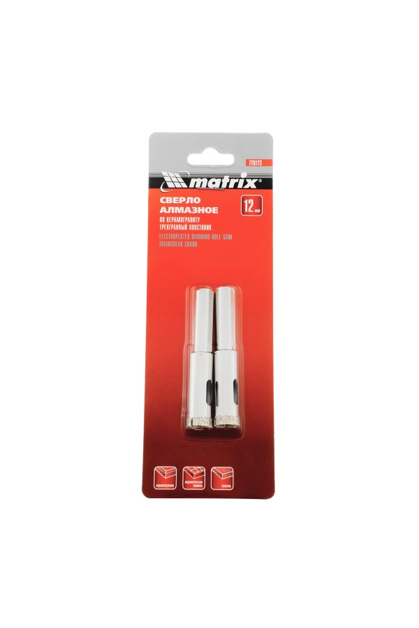 Сверло алмазное по керамограниту, 12 х 67 мм, трехгранный хвостовик, 2 шт Matrix
