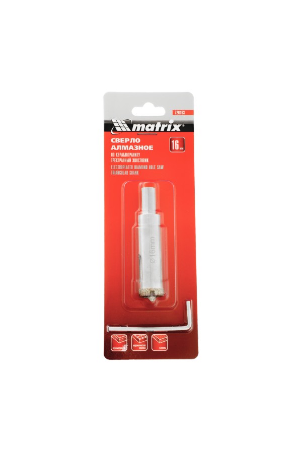Сверло алмазное по керамограниту, 16 х 67 мм, трехгранный хвостовик Matrix