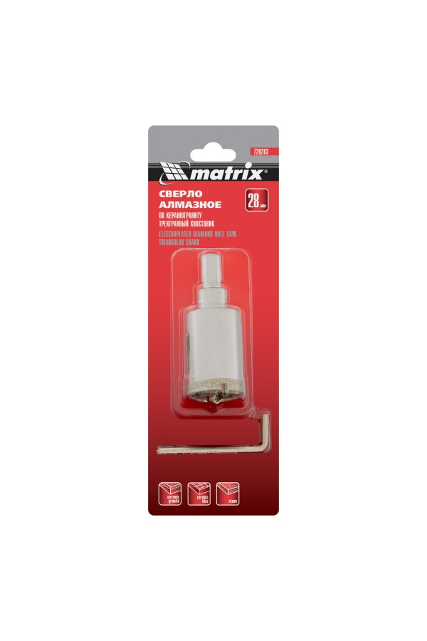 Сверло алмазное по керамограниту, 28 х 67 мм, трехгранный хвостовик Matrix