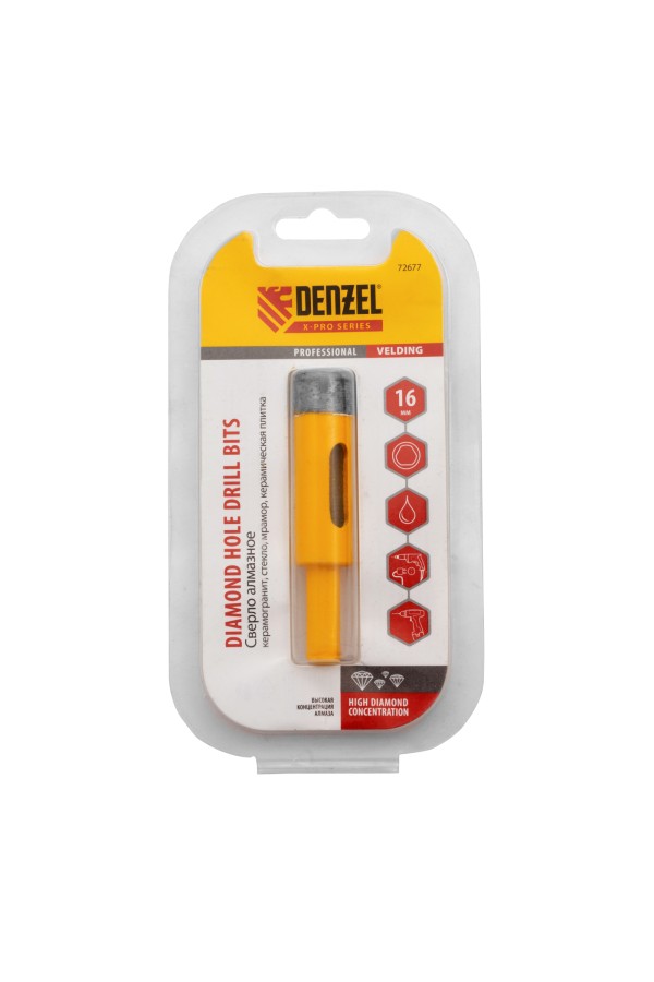 Сверло алмазное по керамограниту, 16 мм, мокрая резка, трехгранный хвостовик Denzel