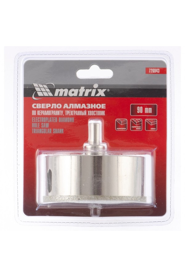 Сверло алмазное по керамограниту, 90 х 67 мм, трехгранный хвостовик Matrix