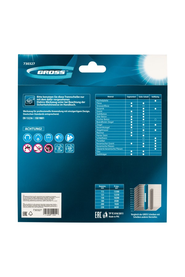 Диск алмазный, 180 х 22.2 мм, турбо, сухая резка Gross