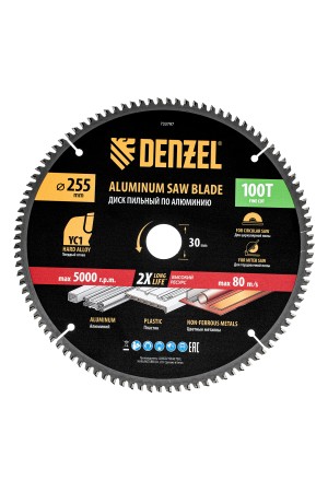 Пильный диск по алюминию ф255 х 30 мм, 100 зубьев Denzel