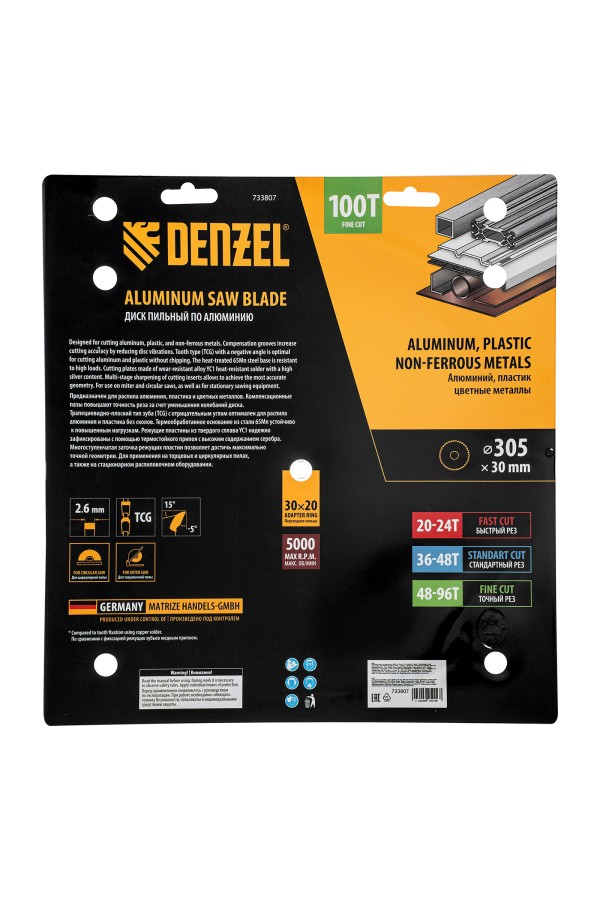 Пильный диск по алюминию ф305 х 30 мм, 100 зубьев Denzel