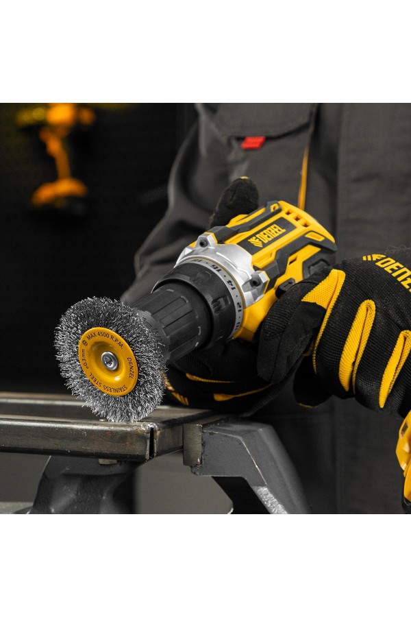 Щетка для дрели, 75 мм, Плоская, со шпилькой, нержавеющая витая проволока Denzel