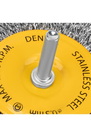 Щетка для дрели 100 мм, Плоская, со шпилькой, нержавеющая витая проволока Denzel