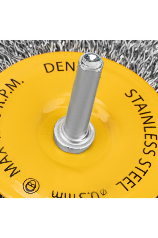 Щетка для дрели 100 мм, Плоская, со шпилькой, нержавеющая витая проволока Denzel