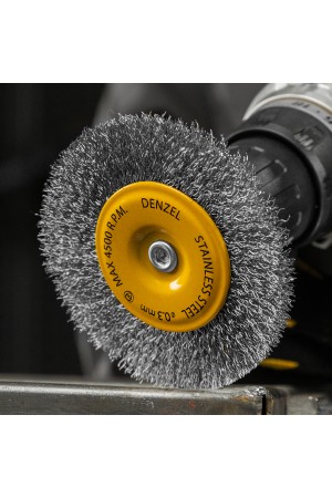 Щетка для дрели 100 мм, Плоская, со шпилькой, нержавеющая витая проволока Denzel