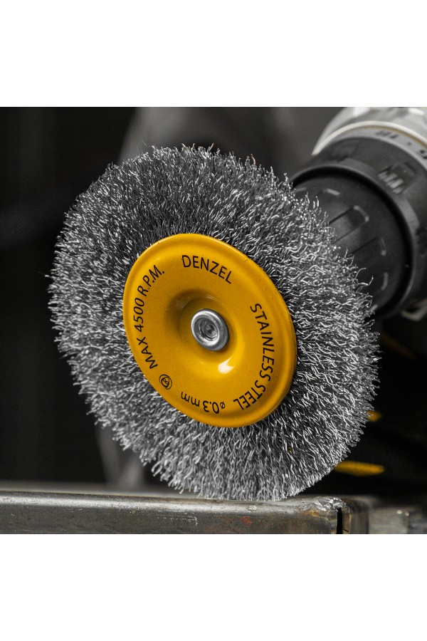 Щетка для дрели 100 мм, Плоская, со шпилькой, нержавеющая витая проволока Denzel
