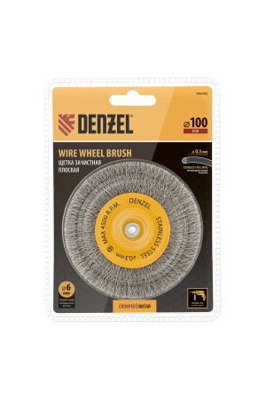 Щетка для дрели 100 мм, Плоская, со шпилькой, нержавеющая витая проволока Denzel