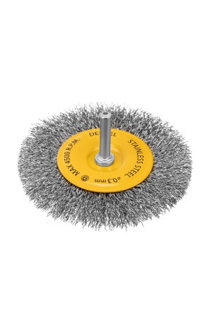 Щетка для дрели 100 мм, Плоская, со шпилькой, нержавеющая витая проволока Denzel