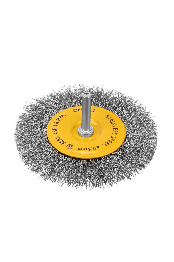 Щетка для дрели 100 мм, Плоская, со шпилькой, нержавеющая витая проволока Denzel