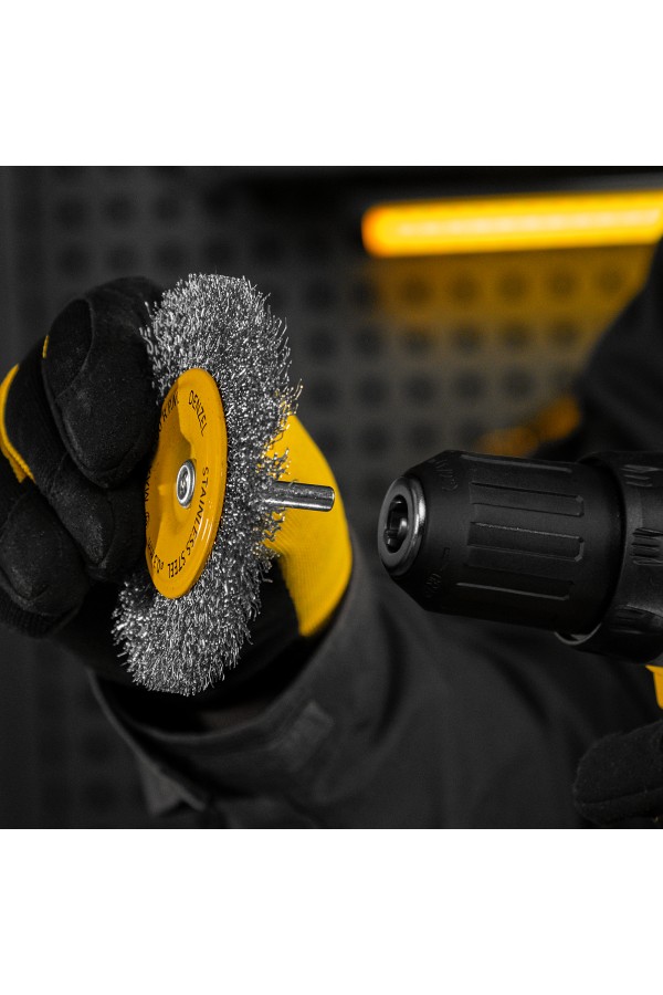 Щетка для дрели 100 мм, Плоская, со шпилькой, нержавеющая витая проволока Denzel